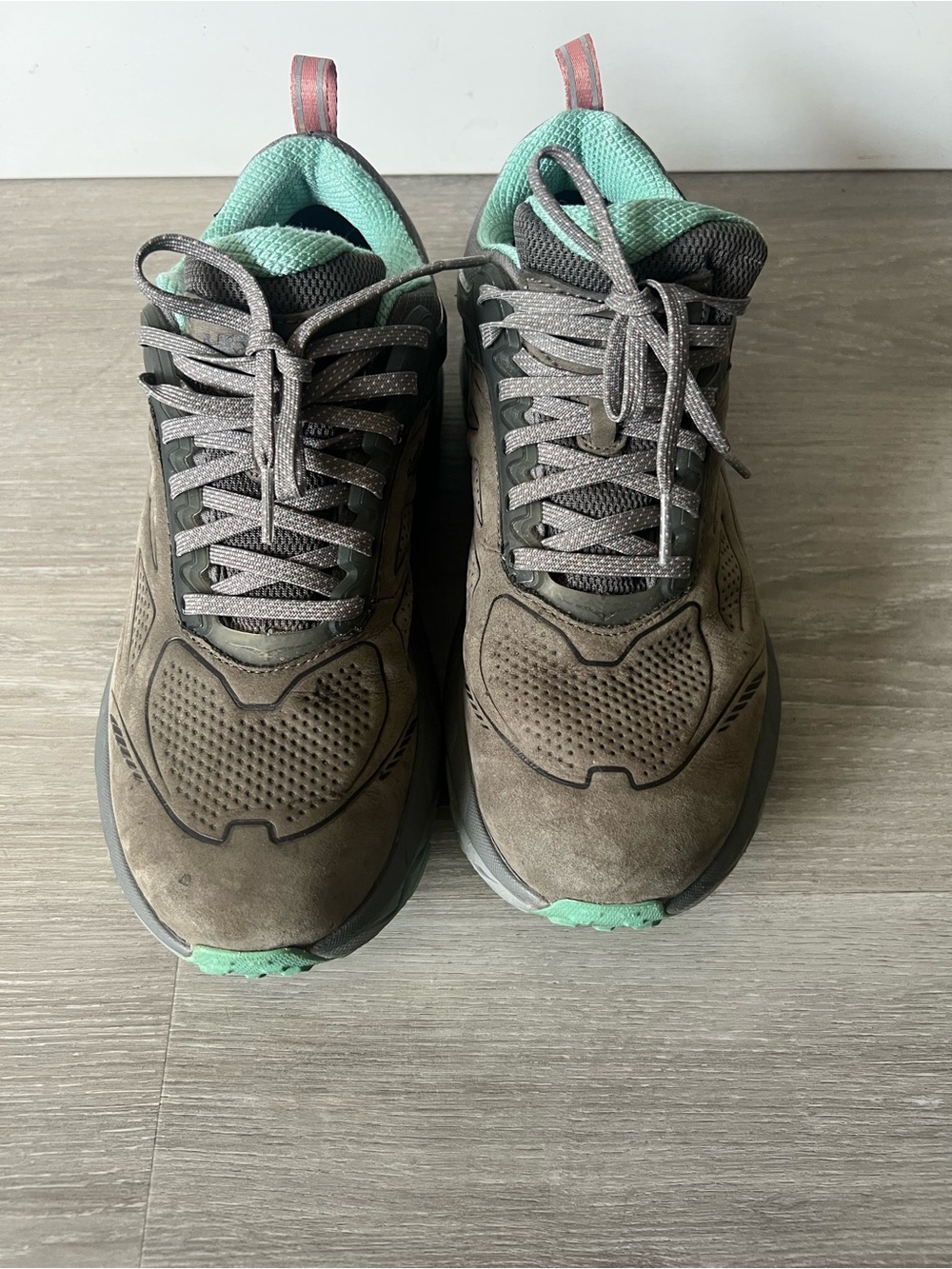 Hoka One One Brown Suede Sneakers with Mint Green Lining